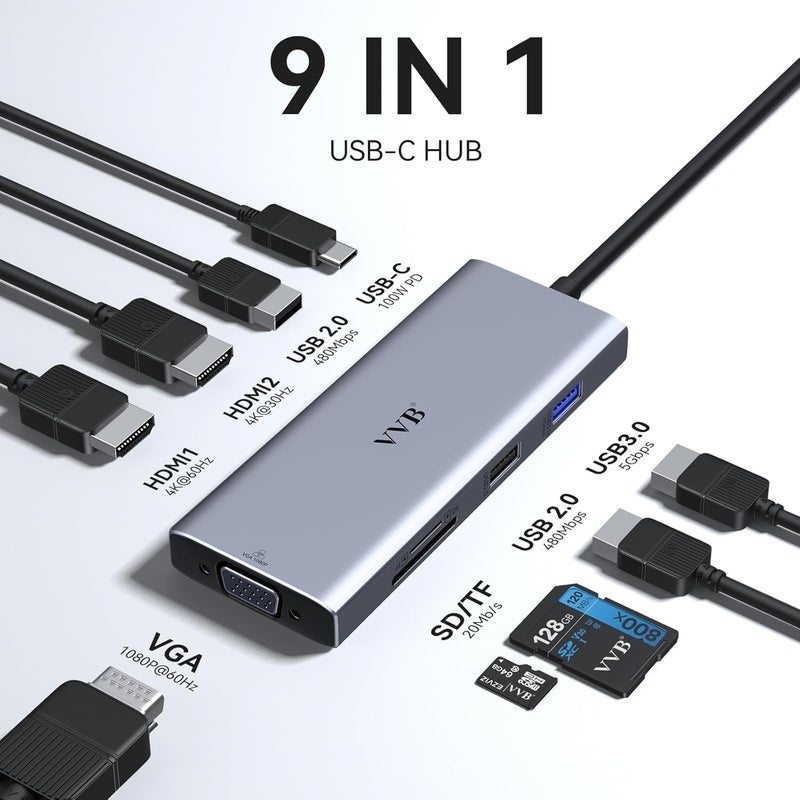 VVB USB C Docking Station Dual Monitor HDMI Adapter for Dell HP Lenovo,Laptop Docking Station 3 Monitors USB C Hub Multiple Adapter Dongle with 2 HDMI 4K+VGA+100W PD Charger+3 USB Port+SD/TF Card Reader - Image 2